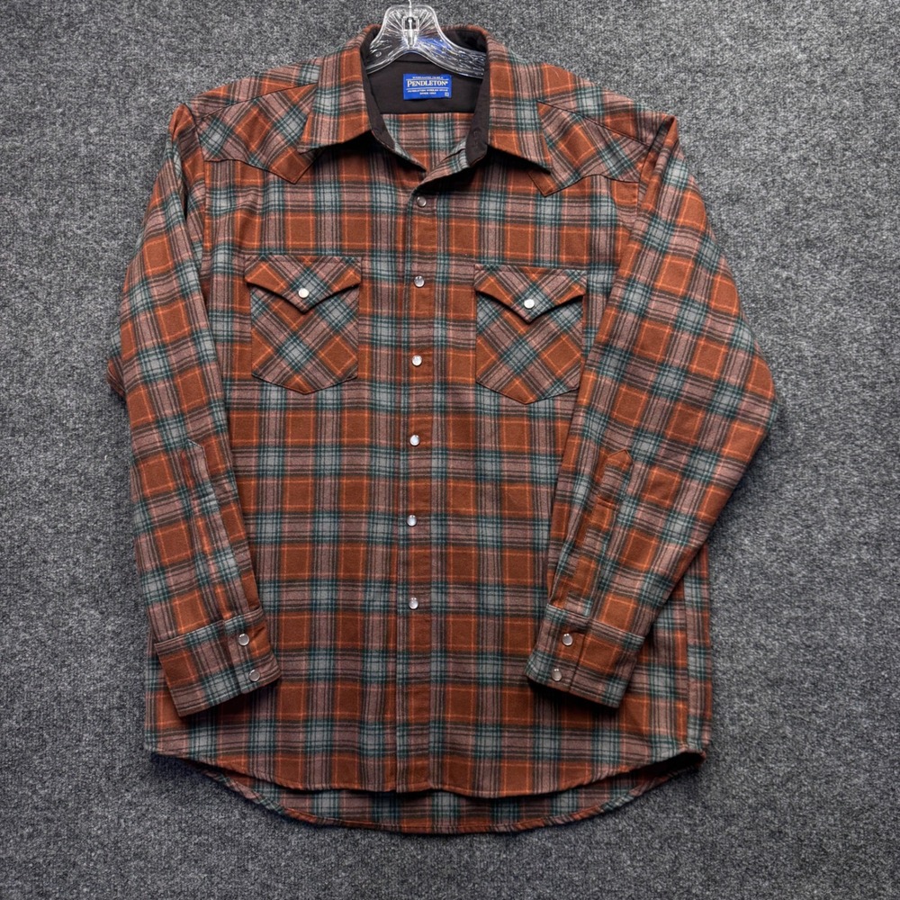 Pendleton Canyon Shirt Mens L Orange Plaid Virgin Wool Western Snap Button Down